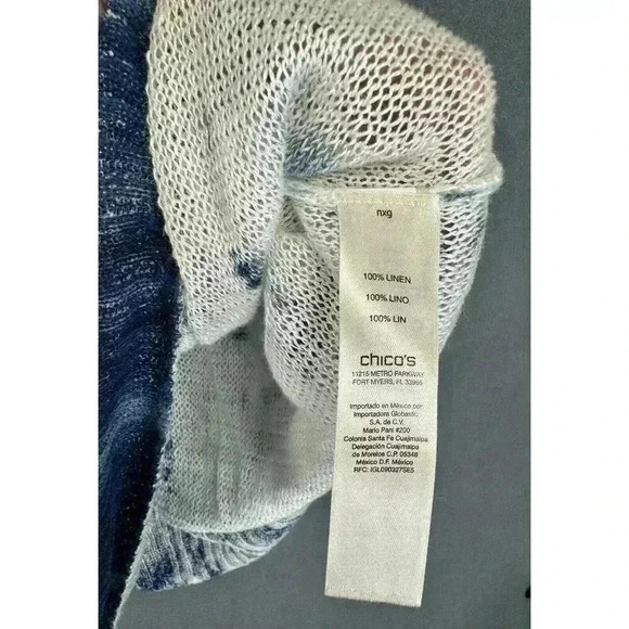 Chico’s Allison Pullover Open Knit Top 2/Large Blue Tie Dye Linen Asymmetrical - Picture 5 of 11